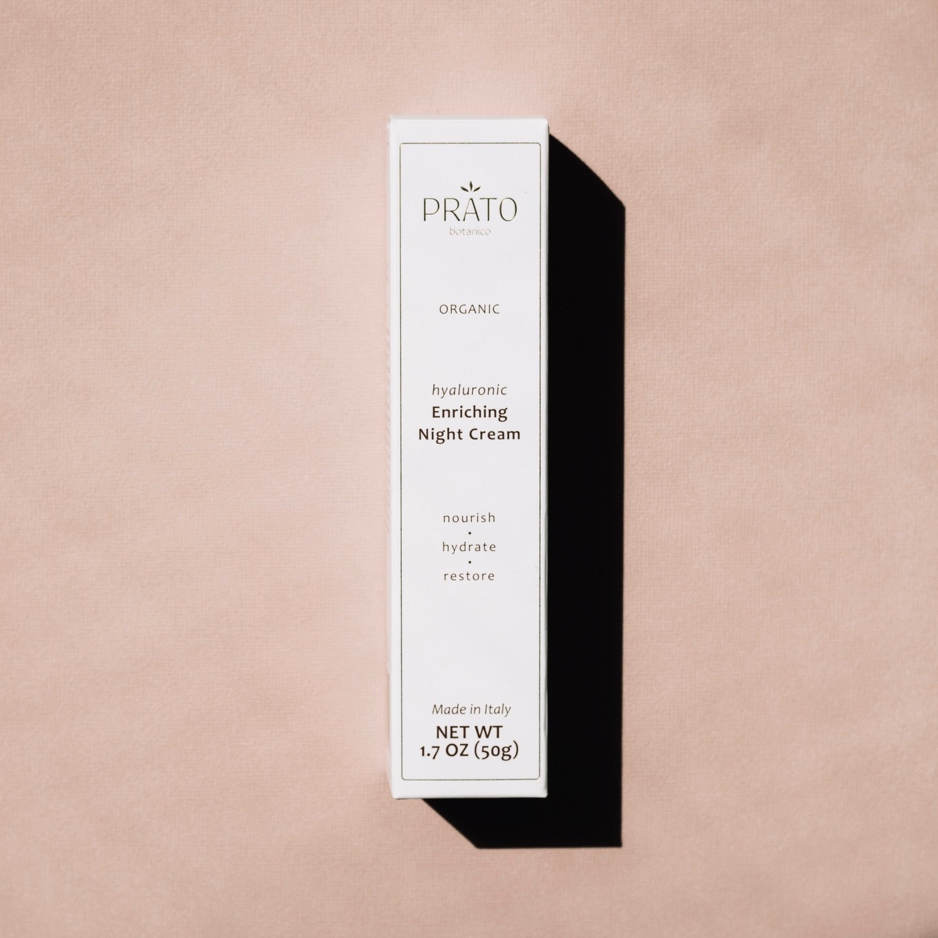 Prato Botanico Organic Hyaluronic Acid Enriching Night Cream Box on pink background