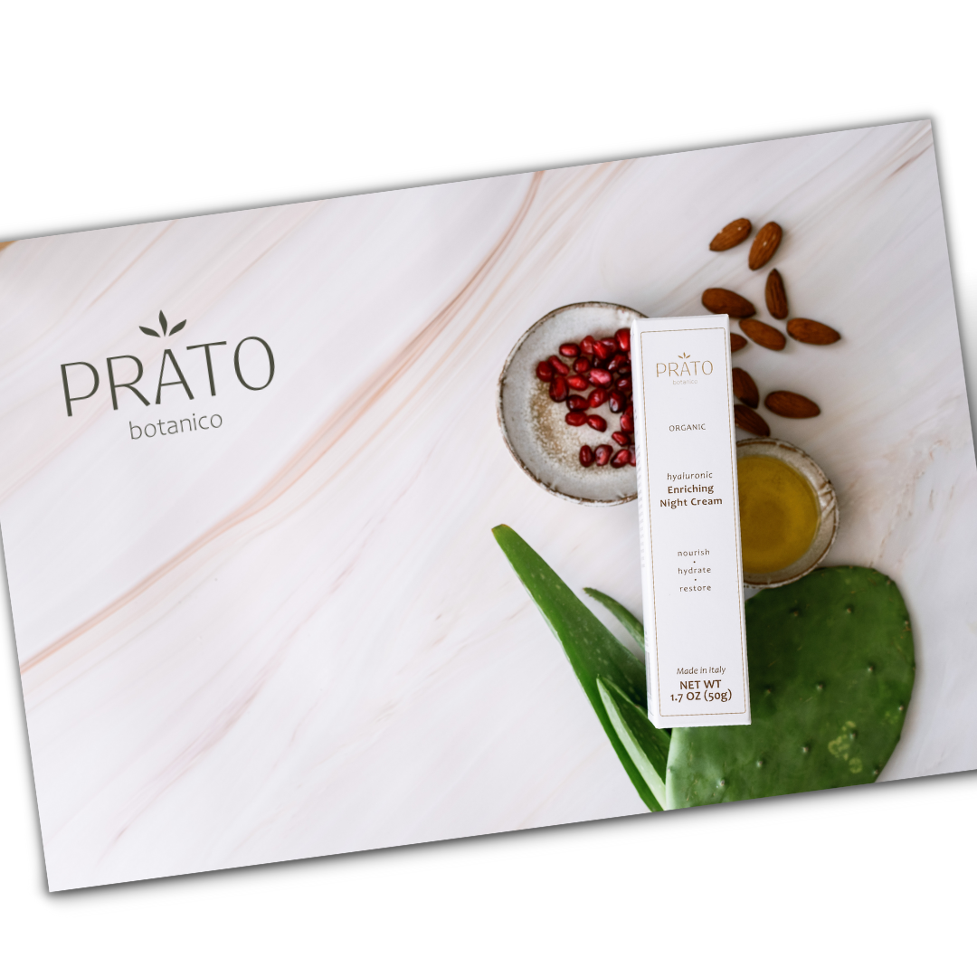 Prato Botanico Gift Card showing picture of Enriching Night Cream next to botanical ingredients