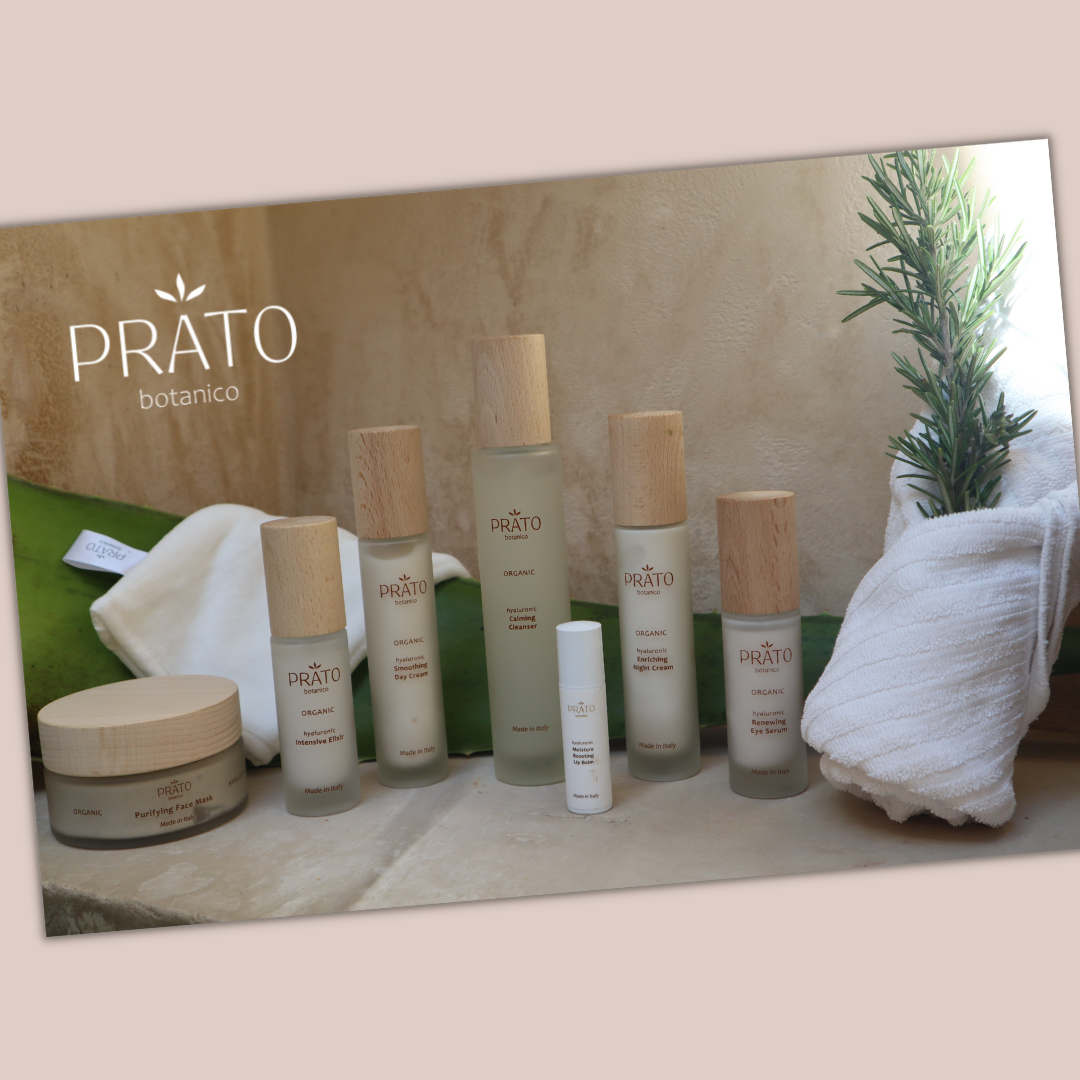 Prato Botanico Gift Card showing picture of full hyaluronic acid skincare line next to aloe vera in a spa